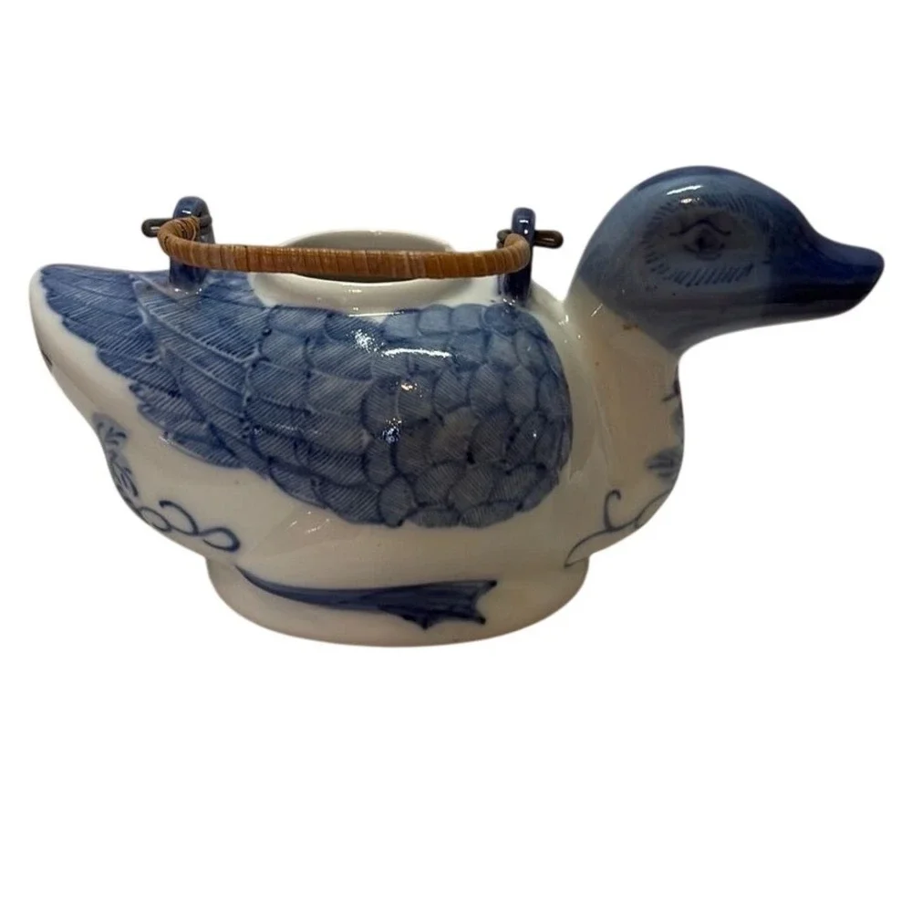 Blue White Porcelain Duck Teapot Hand Painted Chinoiserie Wicker Handle Vintage